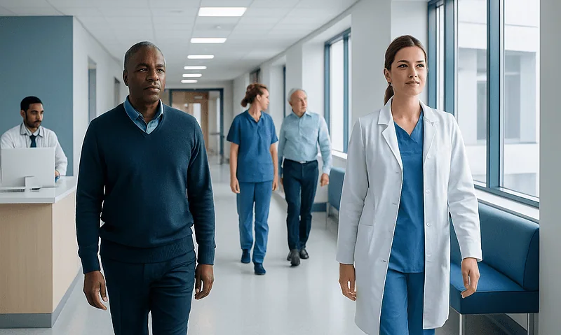 Healthcare professionals walking in hospital corridor with large windows.