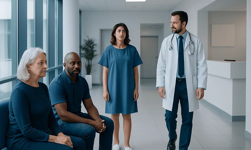 Doctor consulting with patients in a hospital corridor.