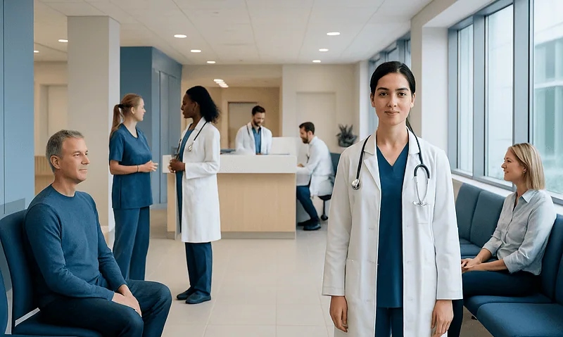 Medical team in hospital lobby with doctor and patients.