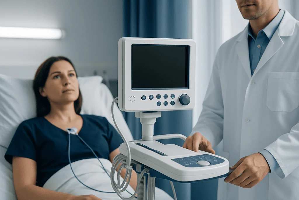 Medical professional monitoring patient with ultrasound device in hospital.