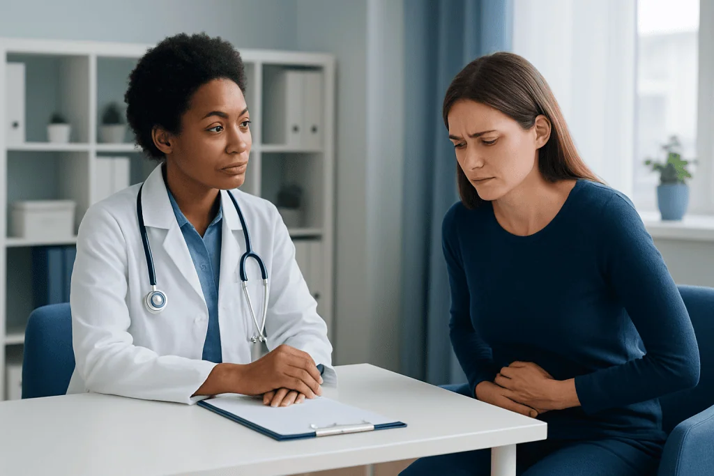 Doctor consulting with a patient about health concerns in a medical office.