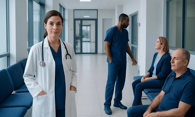 Medical professionals and patients in a hospital corridor.