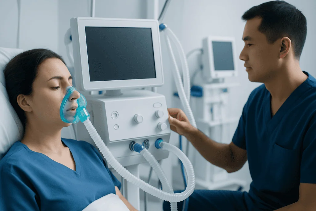 Patient in hospital bed with oxygen mask and medical staff in hospital room.