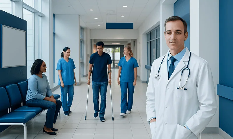 Medical team at Acibadem Hospital with a doctor and patients in corridor.