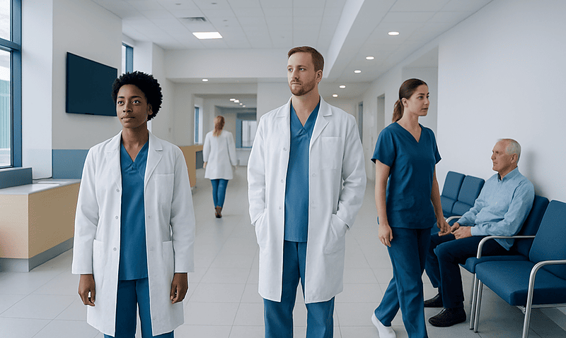 Healthcare professionals in a hospital corridor with a patient waiting area.