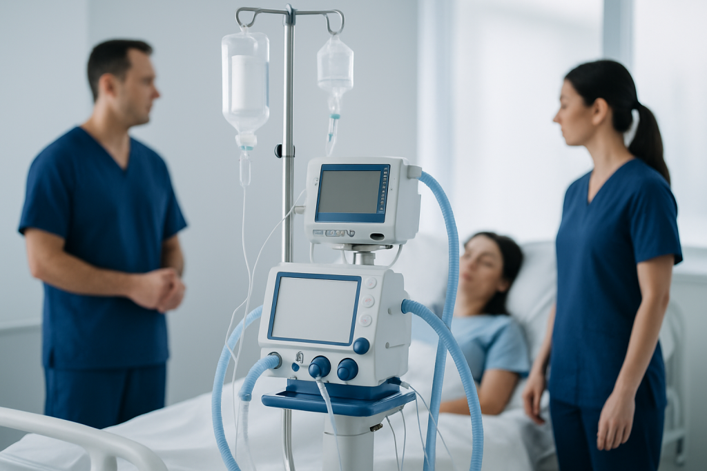 Medical team attending to patient with ventilator in hospital room.