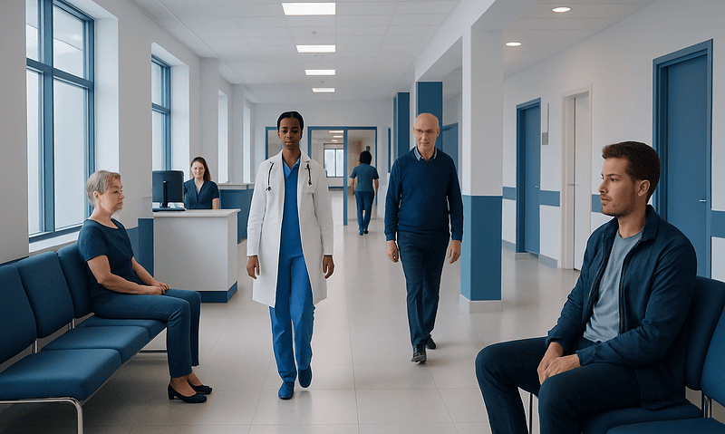 Hospital corridor with patients and medical staff in a modern healthcare facility.