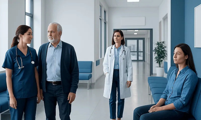 Medical team consulting in hospital corridor at Acibadem Hospitals Group.