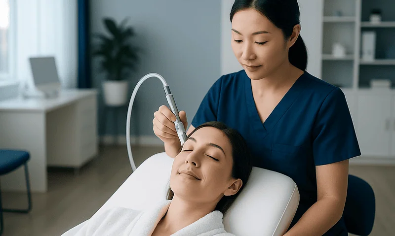 Skilled dermatologist performing microdermabrasion treatment on a patient in a clinic.