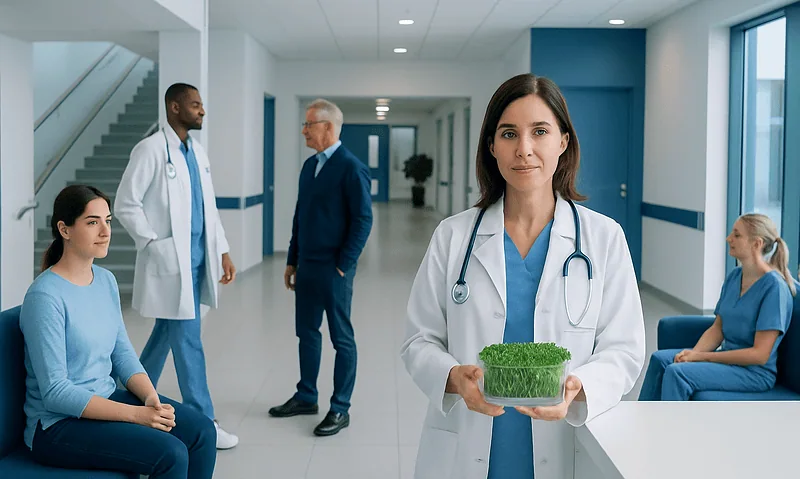 Healthcare professional holding microgreens in hospital corridor.