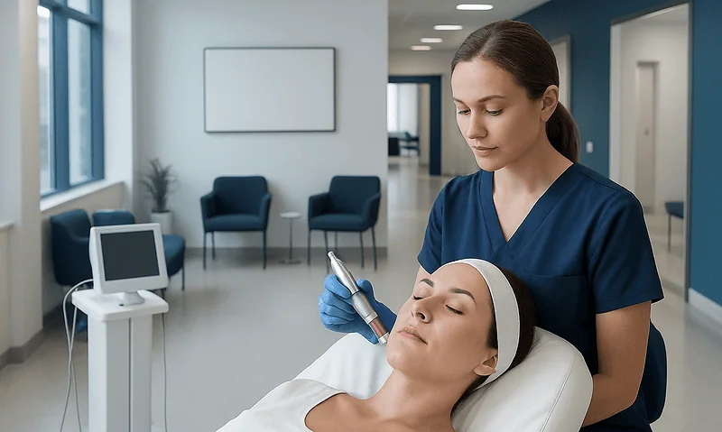 Medical professional performing microneedling treatment on a patient in a clinic.