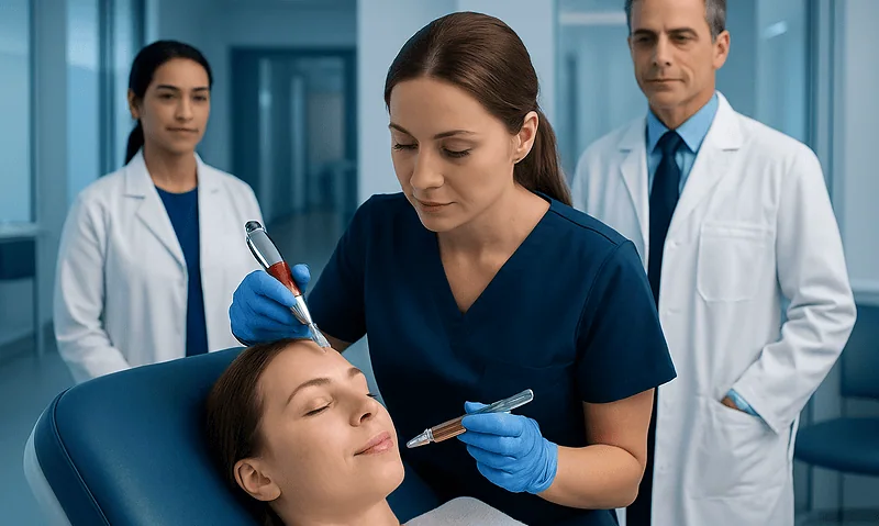 Medical professionals perform a facial treatment in a clinical setting.