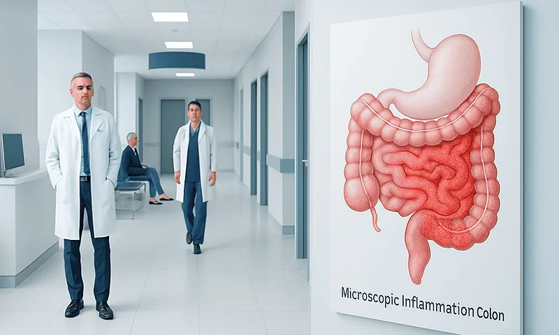 Microscopic Inflammation Colon — Explained by Medical Evidence, Not Myths 8 Doctors in hospital corridor with colon inflammation diagram poster.