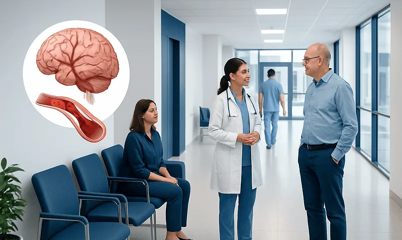 Doctor consulting with patient in hospital corridor with brain illustration.