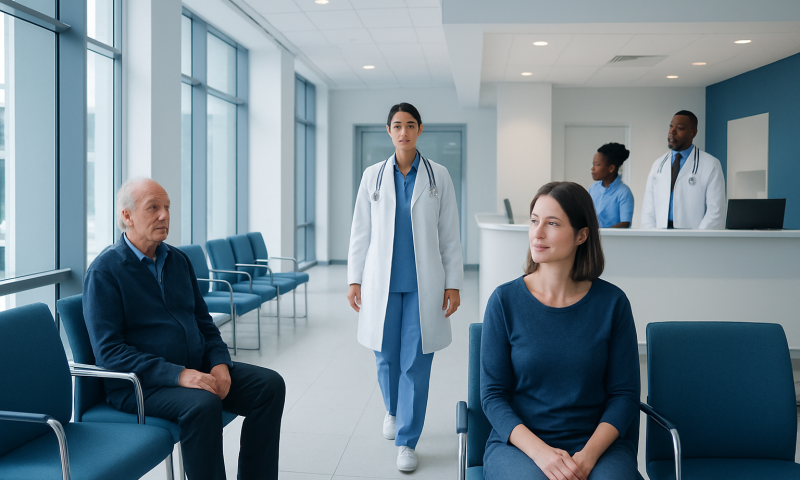 Medical consultation in a modern hospital waiting area with doctors and patients.