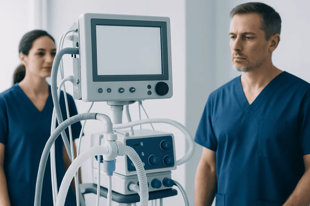 Medical professionals in a hospital room with ventilator equipment.