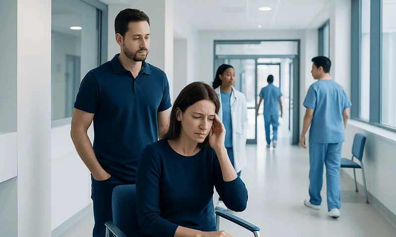 Patient with headache in hospital corridor with medical staff in background.