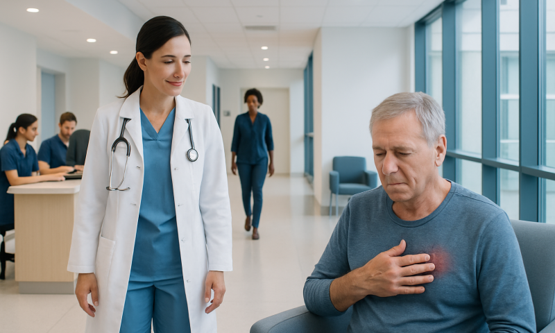 Doctor examining a patient with chest pain in hospital corridor.
