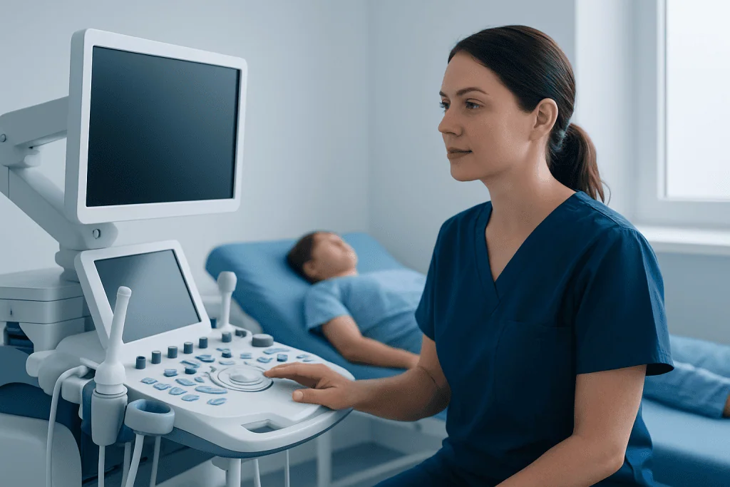 Medical professional operating ultrasound machine in hospital room.