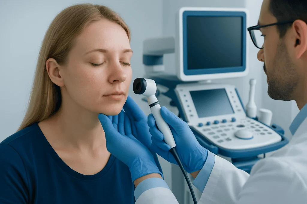 Dermatologist examines patient's skin with a dermatoscope at Acibadem Hospital.