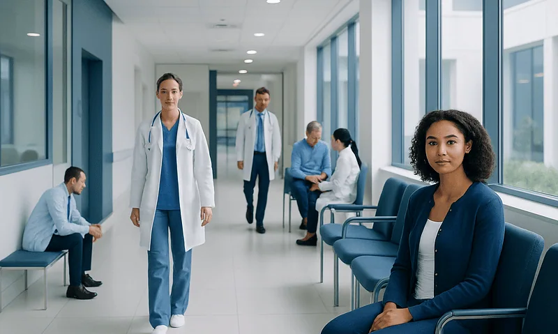 Hospital corridor with doctors and patients, modern medical facility.