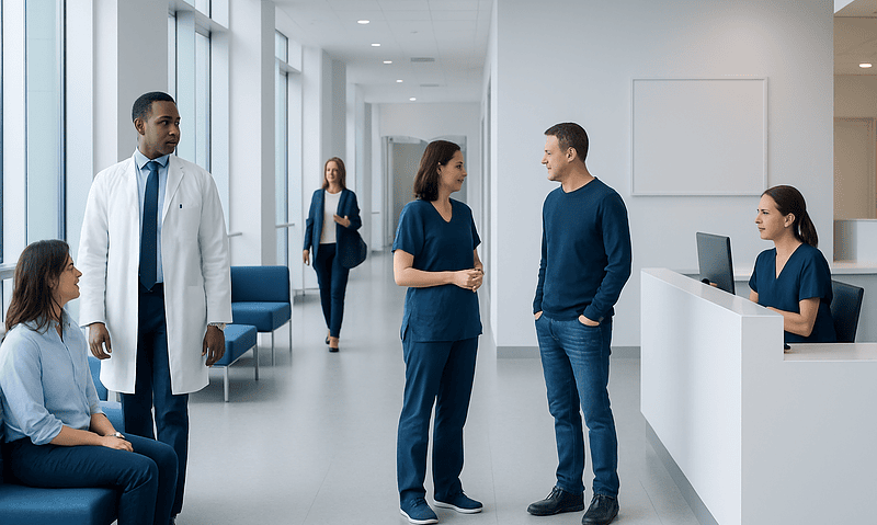 Medical staff and patients in a modern hospital corridor.