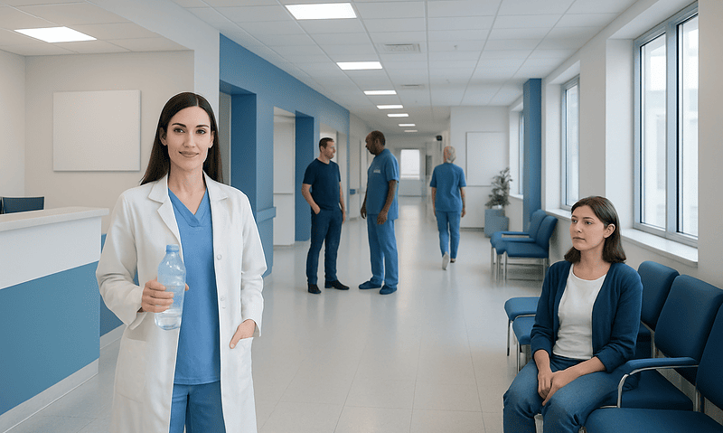 Healthcare professionals and patients in a modern hospital corridor.
