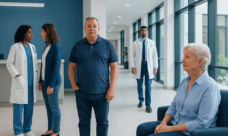 Patients and doctors in a hospital corridor at Acibadem Hospitals Group.