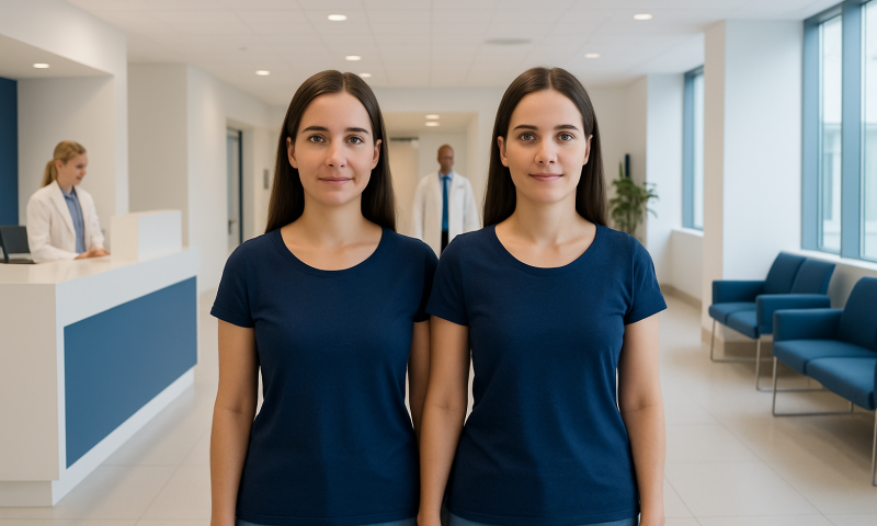 Mirror twins standing side by side in a hospital lobby with medical staff in the background.