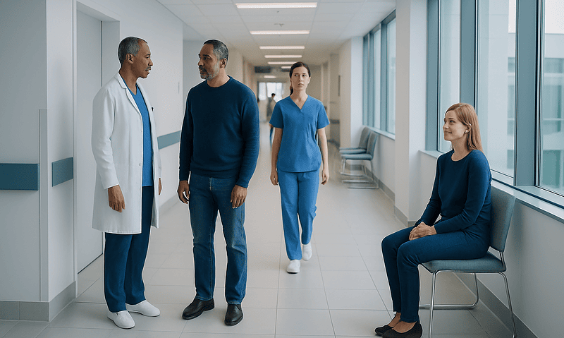 Medical team consulting patient in hospital corridor at Acibadem Hospitals.