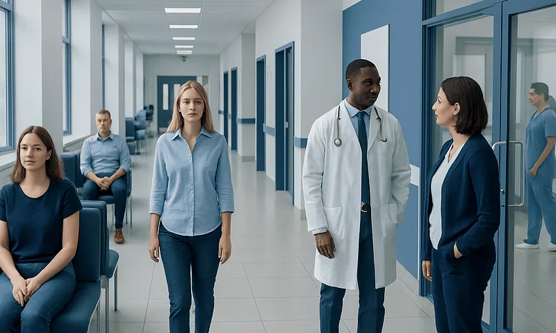 Patients waiting in a hospital corridor with medical staff nearby.
