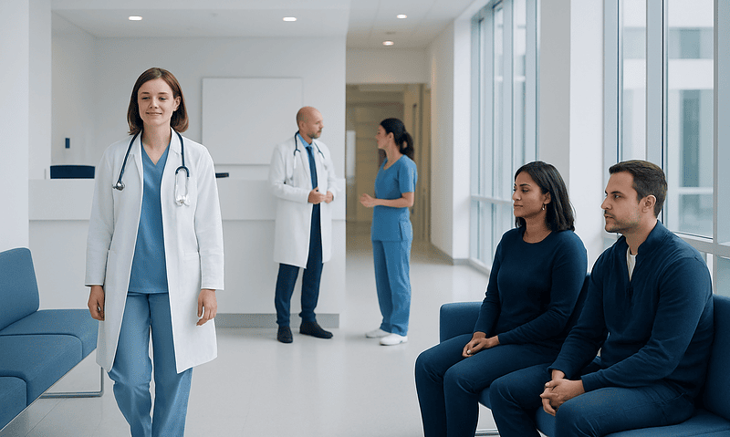 Medical professionals and patients in a modern hospital corridor.