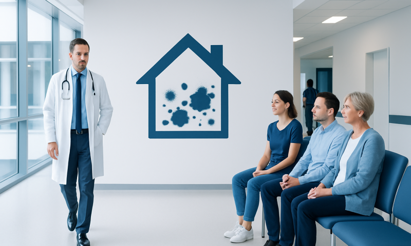 Doctor explaining mold health risks to patients in a hospital setting.