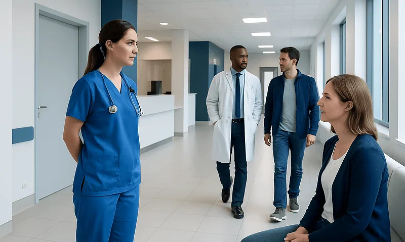 Healthcare professional in blue scrubs speaking with patients in hospital corridor.