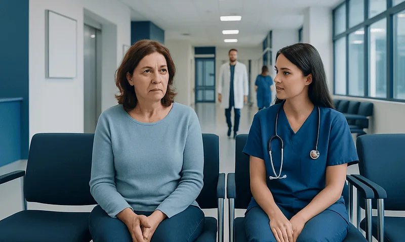 Patient and nurse having a serious conversation in hospital corridor.