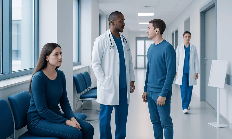 Medical consultation at Acibadem Hospital with doctor and patients in hallway.