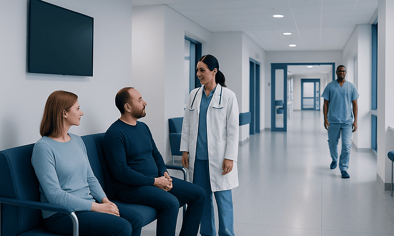 Hospital staff consulting with patients in a modern healthcare facility.