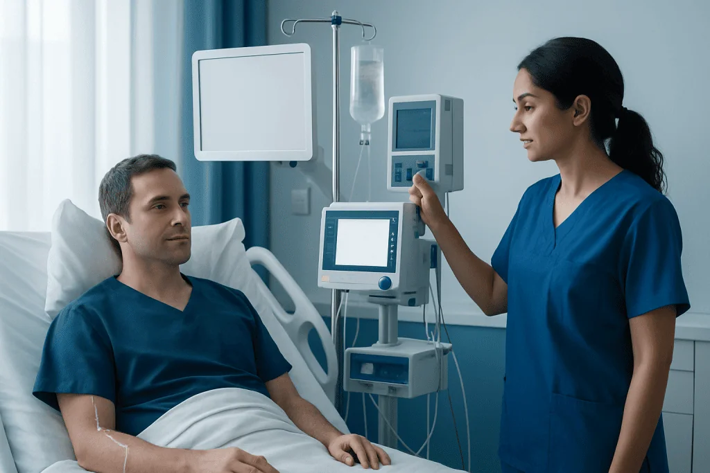 Doctor monitoring patient in hospital room with medical equipment.