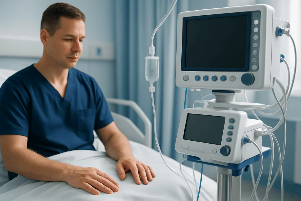 Medical professional monitoring patient with hospital equipment in a clinical setting.