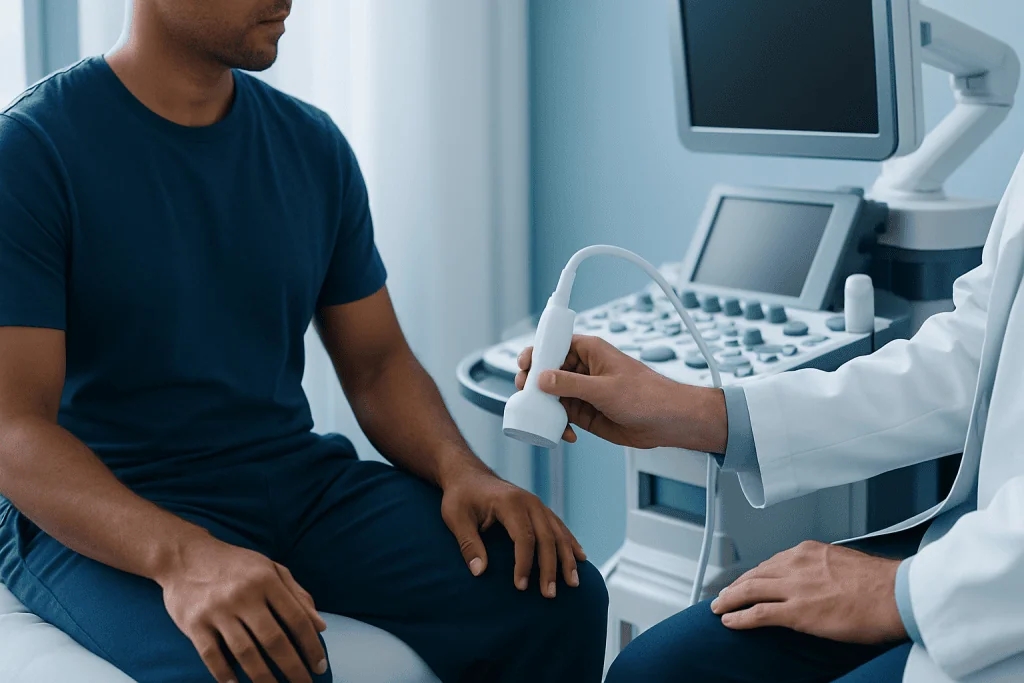Doctor performing an ultrasound examination on a male patient in a medical clinic.
