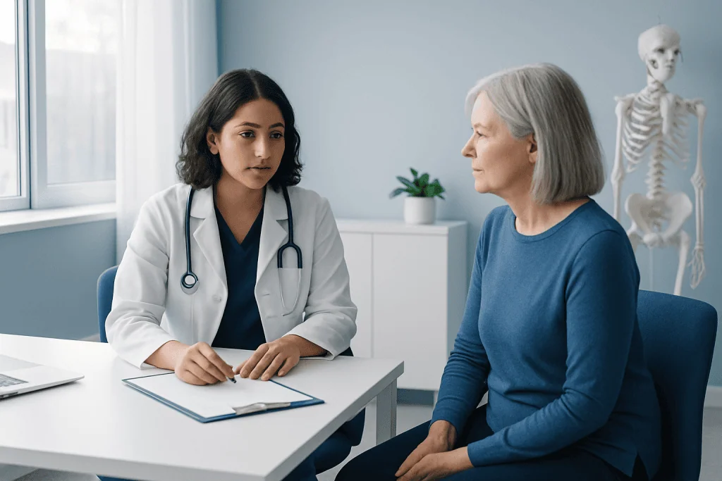 Doctor consulting with an elderly female patient in a medical office.