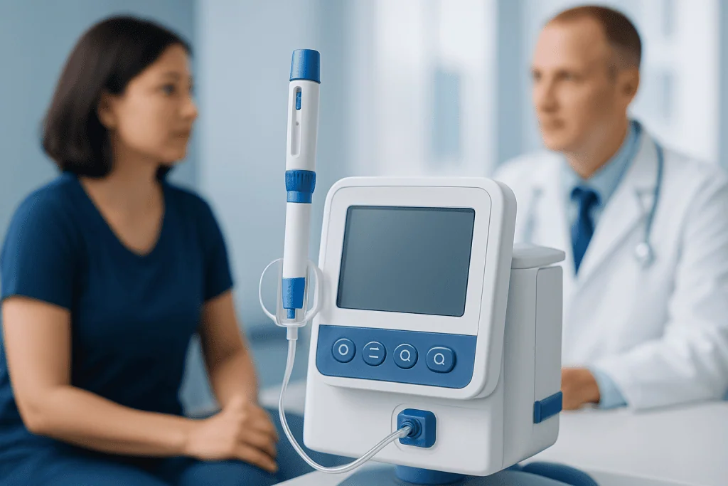 Medical device in a hospital room with a patient and doctor in the background.