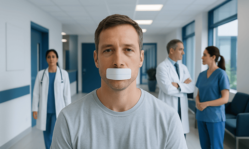 Patient with mouth tape in hospital corridor for sleep therapy.