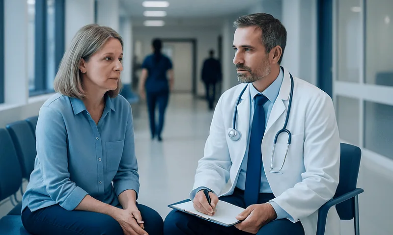 Doctor consulting with a female patient in a hospital corridor.