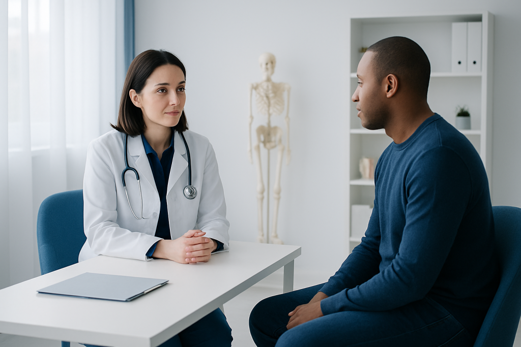Doctor consulting with patient in a medical office with skeleton model in background.
