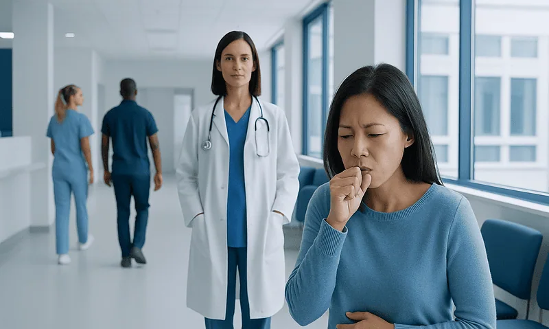 Patient coughing in hospital corridor with medical staff nearby.
