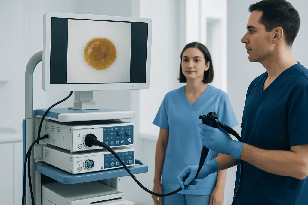Doctor examining stool sample on monitor in medical clinic.
