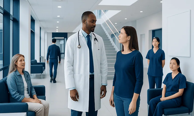 Doctor consulting with a patient in a modern hospital corridor.