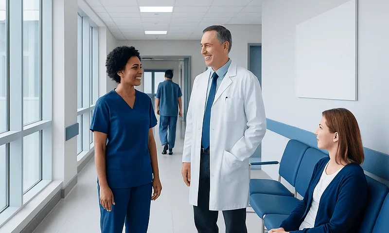 Healthcare professionals engaging in a friendly conversation in a hospital corridor.