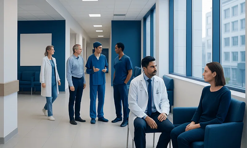 Need More Than One Specialist in Turkey? How Multidisciplinary Care Is Coordinated 4 Medical team consulting with patient in hospital corridor.